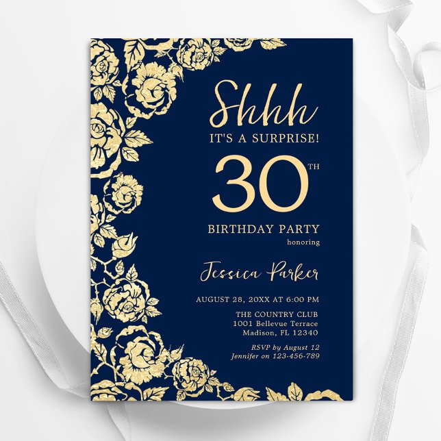 Navy Blue Gold Roses Surprise 30th Birthday Invitation (Creator Uploaded)
