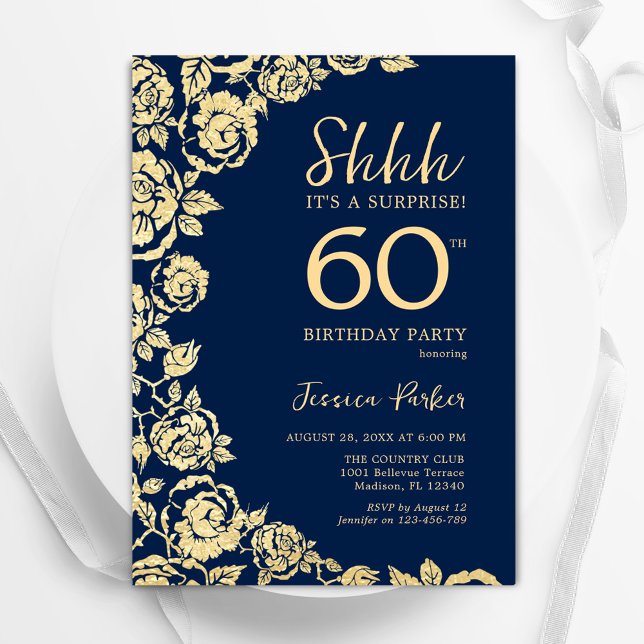 Navy Blue Gold Roses Surprise 60th Birthday Invitation (Creator Uploaded)