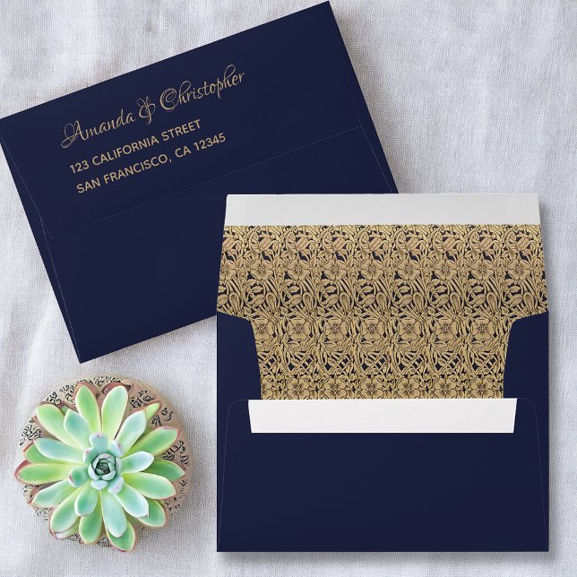 Navy Blue Gold Roses Vintage Elegant Address  Envelope (Creator Uploaded)