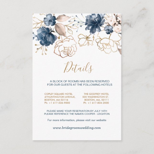 Navy blue & gold roses Wedding Details Enclosure Card (Front)