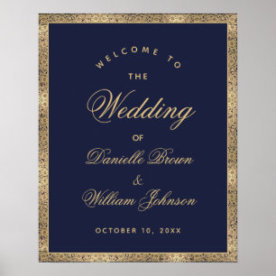 Navy Blue Gold Roses Welcome to the Wedding Sign