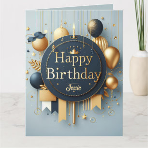 Navy Blue & Gold Royal Crown Happy Birthday Card