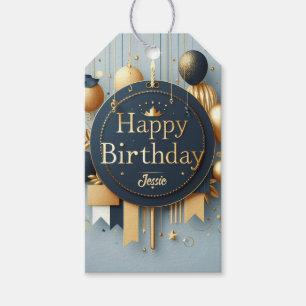 Navy Blue & Gold Royal Crown Happy Birthday Gift Tags