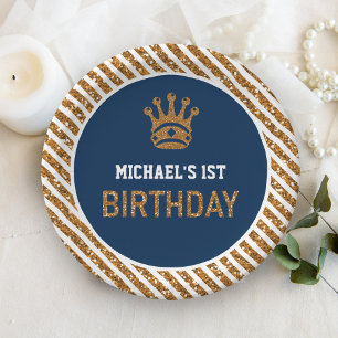 Navy Blue Gold Royal Prince Crown First Birthday Paper Plate