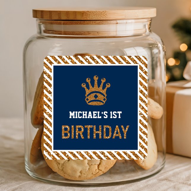 Navy Blue Gold Royal Prince Crown First Birthday Square Sticker (Creator Uploaded)