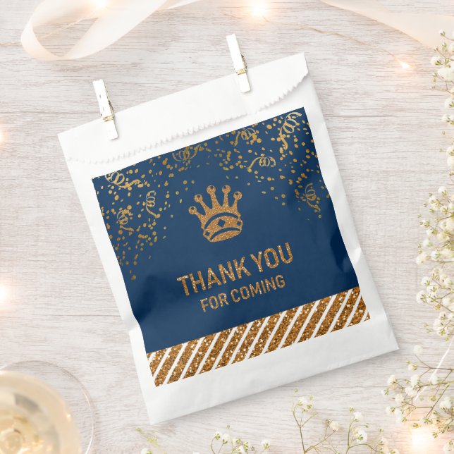 Navy Blue Gold Royal Prince Crown Thank You Favour Bags (Clipped)