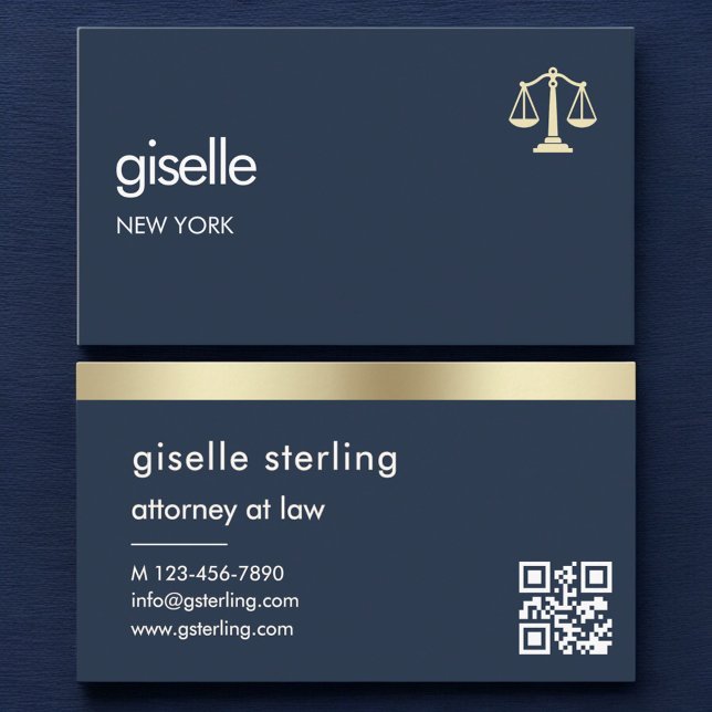 Navy Blue Gold Scales of Justice Attorney at Law Business Card (Creator Uploaded)