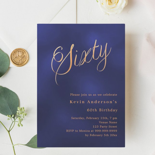 Navy blue gold script 60th birthday invitation (Creator Uploaded)