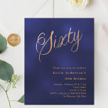 Navy blue gold script 60th birthday invitation<br><div class="desc">A modern,  stylish invitation for a 60th birthday party.  A navy blue,  uneven coloured background and the word Sixty written with elegant large script letters in faux gold. Personalise and add a name and party details. 

1 sheet = 1 invitation printed edge to edge.</div>