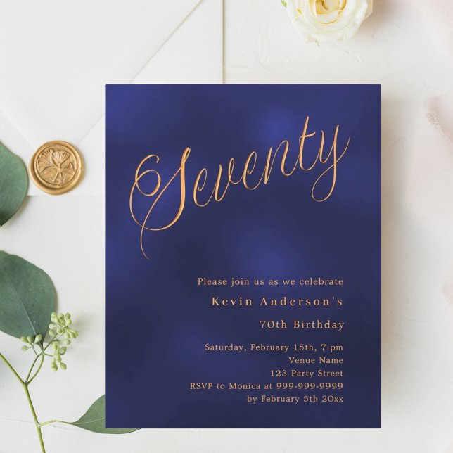 Navy blue gold script 70th birthday invitation (Creator Uploaded)