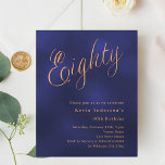 Navy blue gold script 80th birthday invitation<br><div class="desc">A modern,  stylish invitation for a 80th birthday party.  A navy blue,  uneven coloured background and the word Eighty written with elegant large script letters in faux gold. Personalise and add a name and party details. 

1 sheet = 1 invitation printed edge to edge.</div>