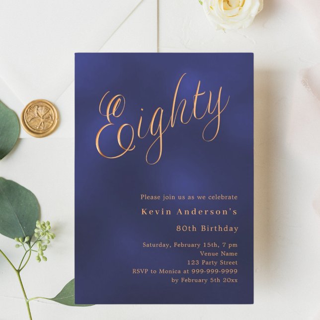 Navy blue gold script 80th birthday invitation (Creator Uploaded)