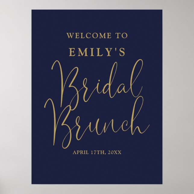 Navy Blue Gold Script Bridal Brunch Welcome Sign (Front)