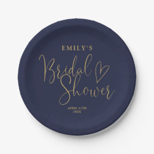 Navy Blue Gold Script Calligraphy Bridal Shower Paper Plate