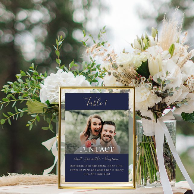 Navy Blue & Gold Script Fun Facts Photo Wedding Table Number (Creator Uploaded)