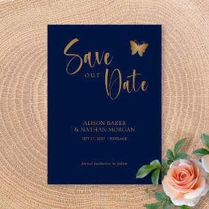 Navy Blue & Gold Script: Glitter Butterfly Wedding Save The Date