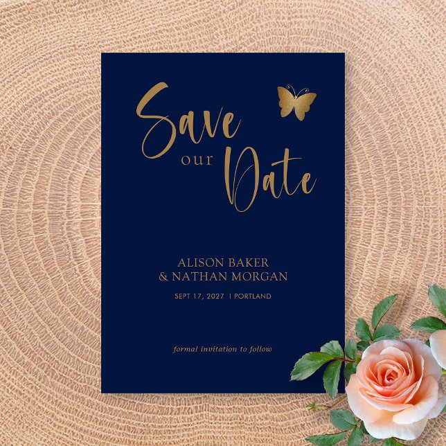 Navy Blue & Gold Script: Glitter Butterfly Wedding Save The Date (Navy Blue & Gold Script: Glitter Butterfly Wedding Save The Date)