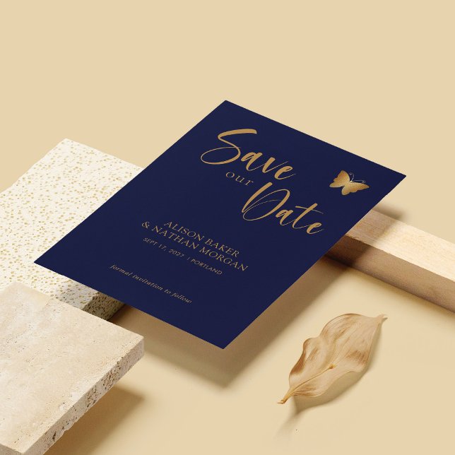 Navy Blue & Gold Script: Glitter Butterfly Wedding Save The Date (Personalized Navy Blue & Gold Script: Glitter Butterfly Wedding Save The Date)