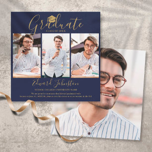 Navy Blue Gold Script Graduate 4 Photo Graduation  Announcement