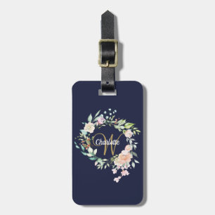 Navy Blue Gold Script Monogram Floral Roses Luggage Tag