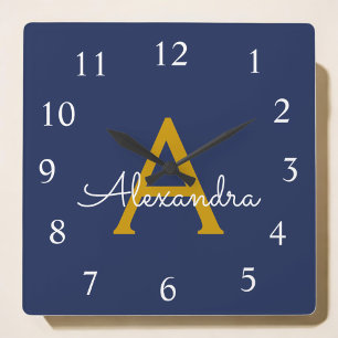 Navy Blue Gold Script Monogram Girly Name Square Wall Clock