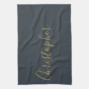 Navy Blue Gold Script Name Minimalist Monogram Men Tea Towel