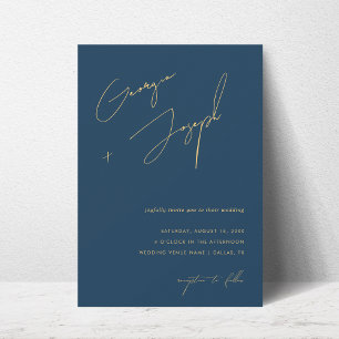 Navy Blue & Gold   Script Photo QR Code Wedding Invitation