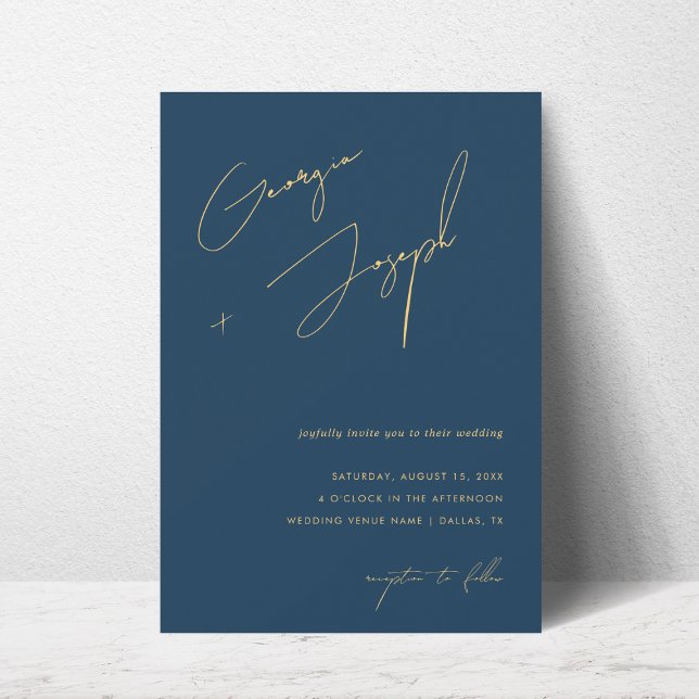 Navy Blue & Gold | Script Photo QR Code Wedding Invitation (Creator Uploaded)