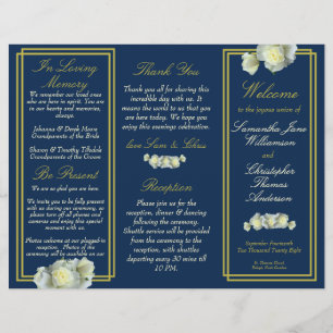 Navy Blue Gold Script Rose Trifold Wedding Program
