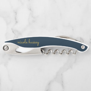 Navy Blue Gold Script Stylish Monogram Modern Corkscrew