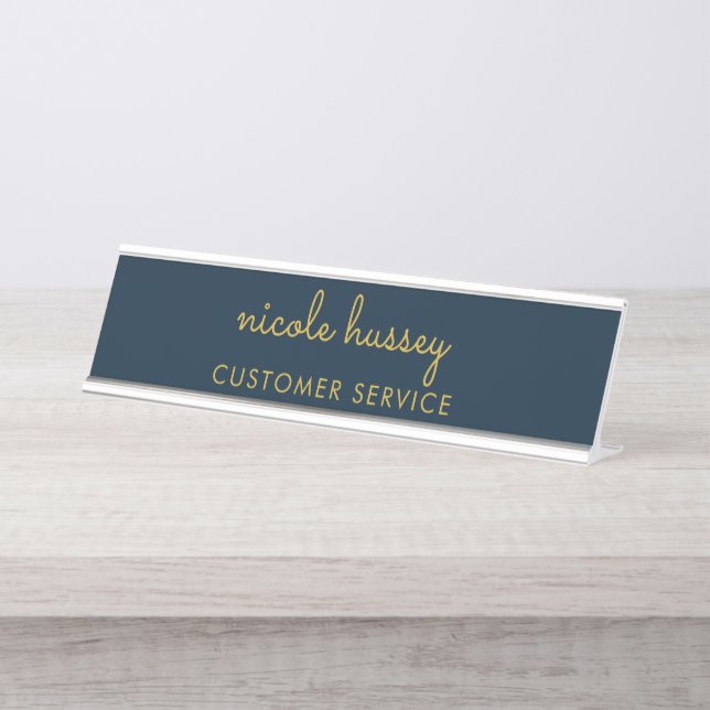 Navy Blue Gold Script  | Stylish Monogram Modern Desk Name Plate (Front)