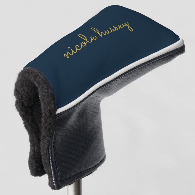 Navy Blue Gold Script  | Stylish Monogram Modern Golf Head Cover (3/4 Front)