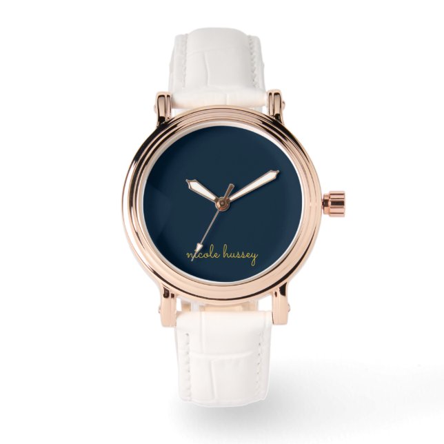 Navy Blue Gold Script  | Stylish Monogram Modern Watch (Front)