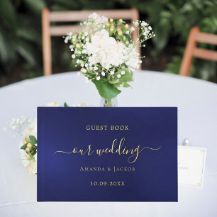 Navy blue gold script wedding  guest book