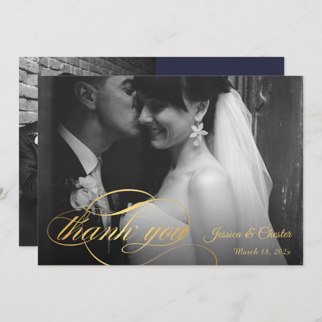 Navy Blue & Gold Script Wedding  Photo Thank You (Front/Back)