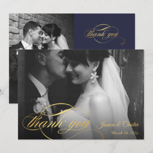 Navy Blue & Gold Script Wedding Photo Thank You Card