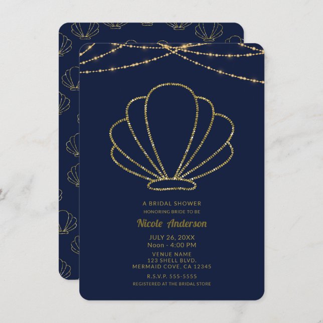 Navy Blue & Gold Sea Shell Mermaid Bridal Shower Invitation (Front/Back)