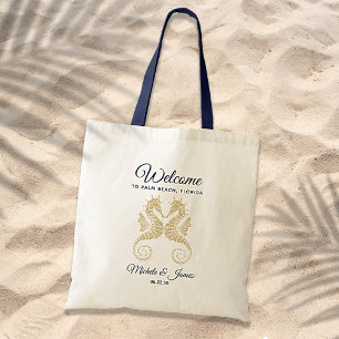 Navy Blue Gold Seahorses Wedding Welcome Tote Bag