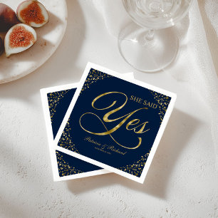 Navy Blue Gold She Said Yes Engagement Party Napkin