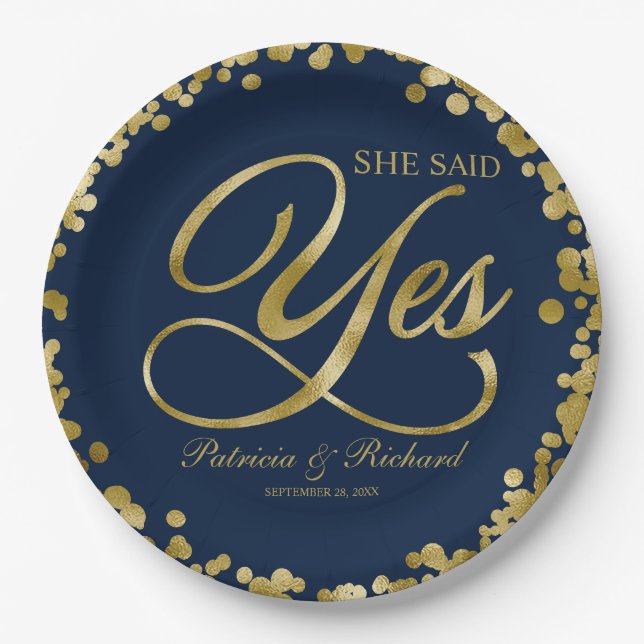 Navy Blue Gold She Said Yes Engagement Party Paper Plate (Front)