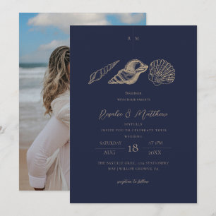 Navy Blue & Gold Shells Coastal Wedding  Invitation