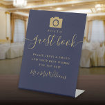 Navy Blue Gold Signature Script Photo Guest Book Pedestal Sign<br><div class="desc">This elegant navy blue and gold script minimalist photo guest book sign is perfect for all celebrations. Designed by Thisisnotme©</div>