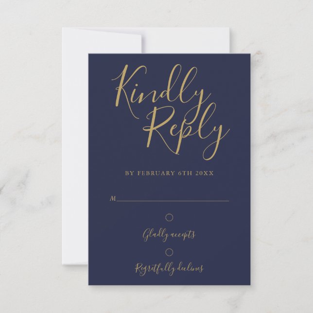 Navy Blue Gold Signature Script Simple Modern RSVP Card (Front)