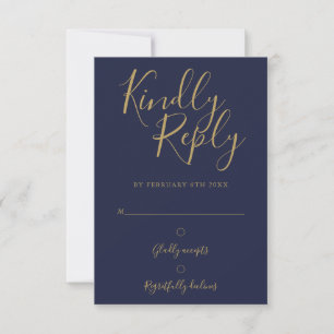 Navy Blue Gold Signature Script Simple Modern RSVP Card