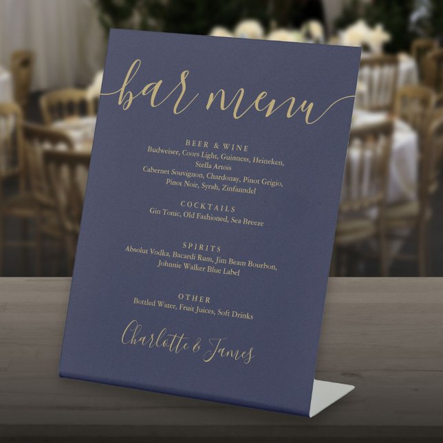 Navy Blue Gold Signature Script Wedding Bar Menu Pedestal Sign (Navy Blue Gold Signature Script Wedding Bar Menu Pedestal Sign)