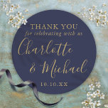 Navy Blue Gold Signature Wedding Favor Thank You Classic Round Sticker<br><div class="desc">Navy blue and gold signature wedding favor thank you classic round sticker featuring signature style names. Personalize with your special thank you information in chic gold typography. Designed by Thisisnotme©</div>