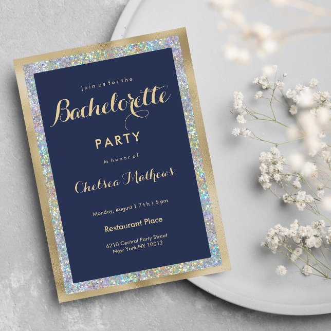 Navy blue gold silver holographic Bachelorette  Invitation (Navy blue gold silver holographic Bachelorette )