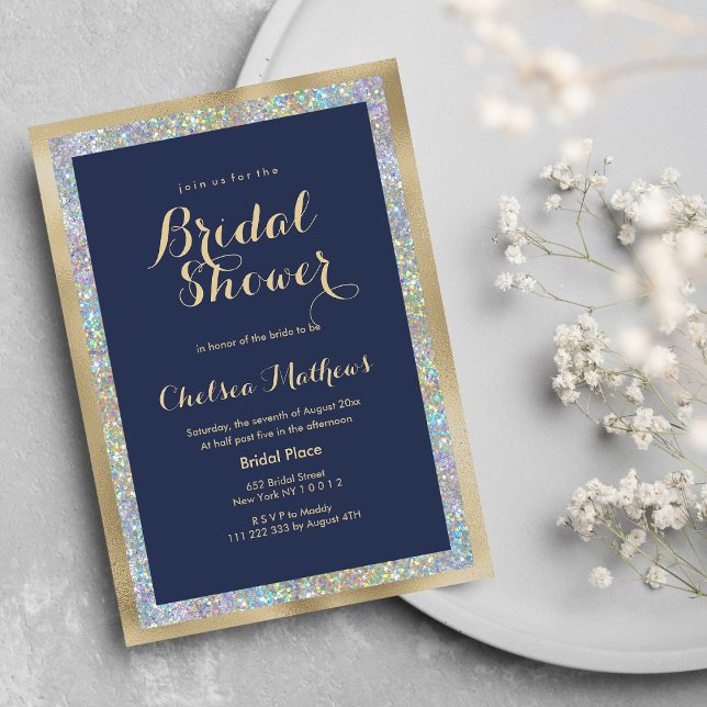 Navy blue gold silver holographic Bridal Shower Invitation (Navy blue gold silver holographic Bridal Shower)