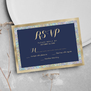 Navy blue gold silver holographic glitter RSVP Card
