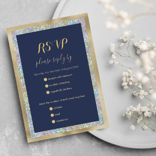 Navy blue gold silver holographic glitter RSVP Card